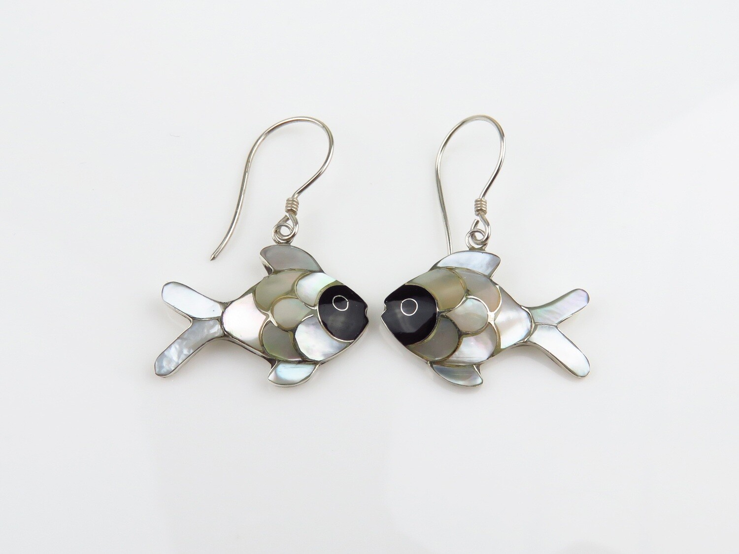 Sterling Silver, White Shell, Fish Design, Dangle Earrings SSE-140