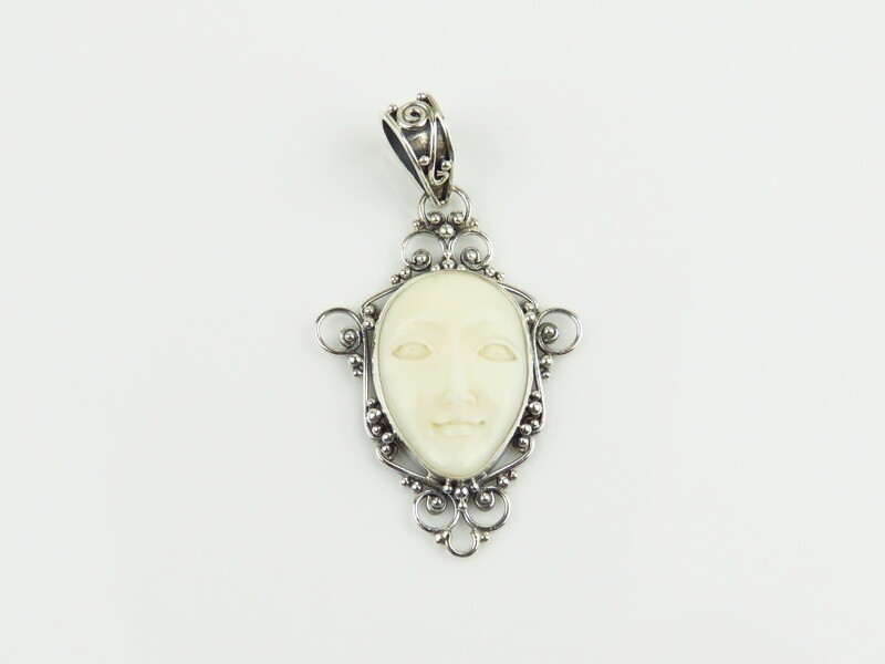 Sterling Silver, Carved Bone, Moonface Pendant BP-140