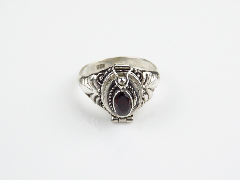 Sterling Silver, Garnet Gemstone, Bali, Locket Ring LR-159
