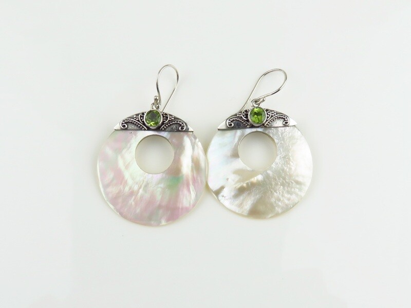 Sterling Silver, Peridot, White Shell, Dangle Earrings SSE-142