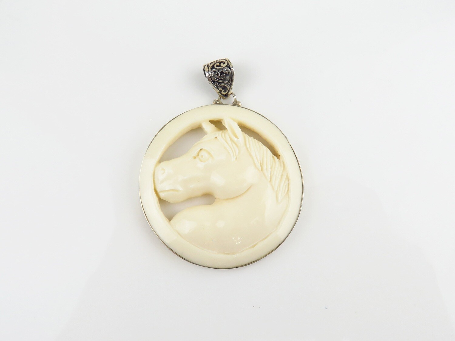 Sterling Silver, Carved Ox Bone, Horse, Round Pendant BP-142