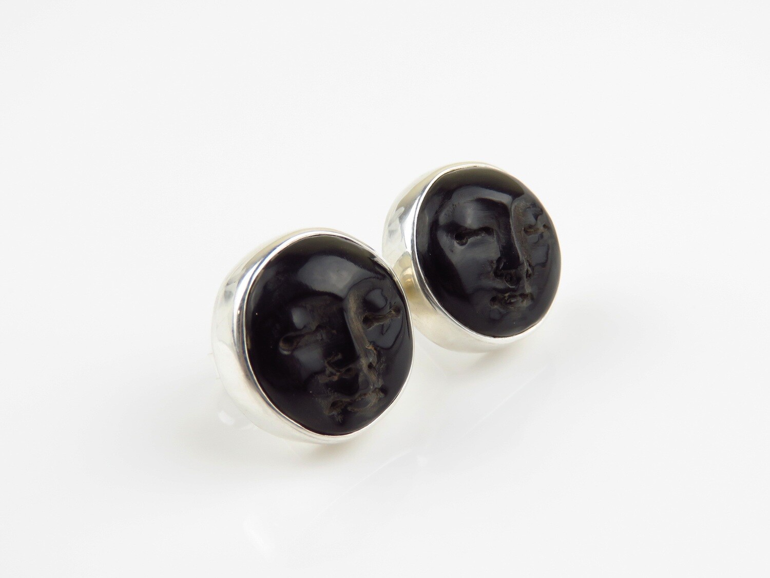 Sterling Silver, Carved Ox Horn, Moonface Earrings BE-106