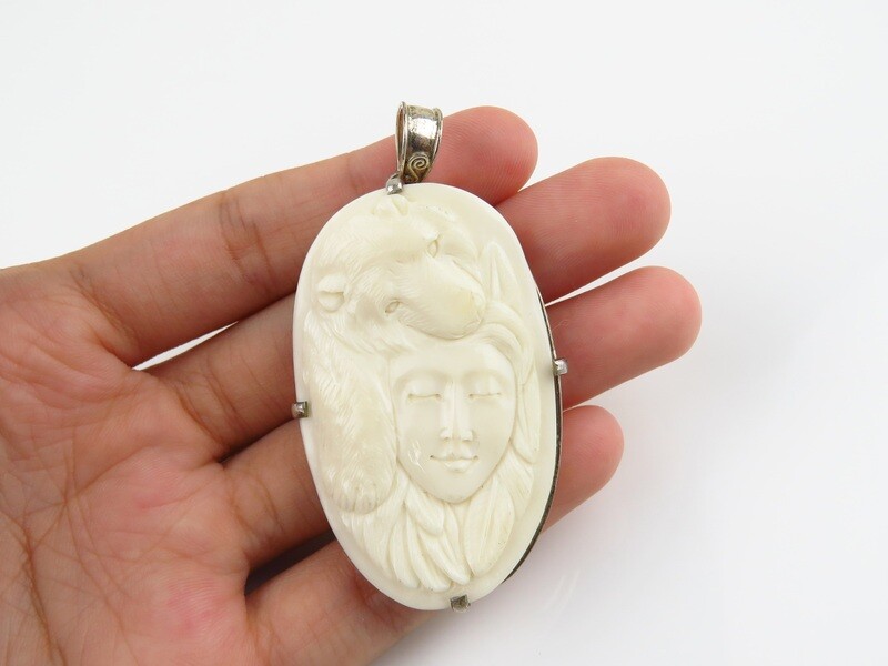 Sterling Silver, Carved Bone, Bear Pendant BP-144