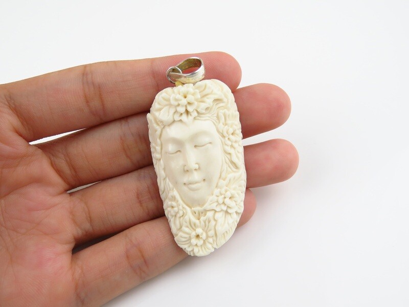 Sterling Silver, Carved Ox Bone, Flowers, Face Pendant BP-143