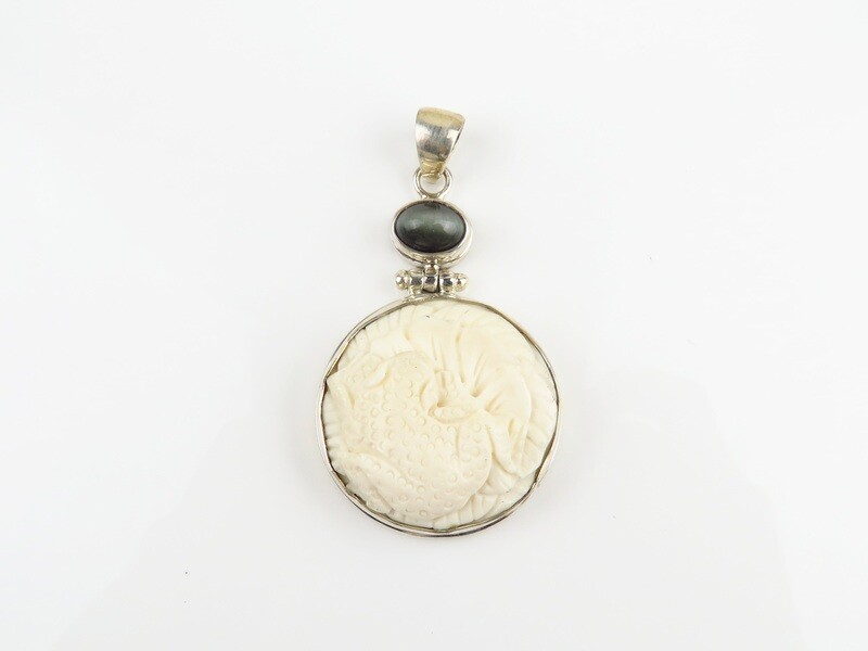 Sterling Silver, Carved Ox Bone, Cat Eye Gemstone, Round Pendant BP-150