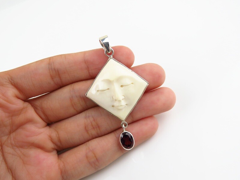 Sterling Silver, Carved Ox bone, Garnet Gemstone, Moonface Pendant BP-151