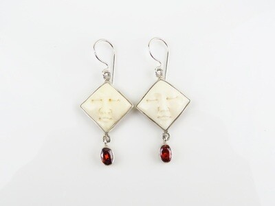 Sterling Silver, Garnet, Carved Ox Bone, Diamond Shape, Moonface Earrings BE-103