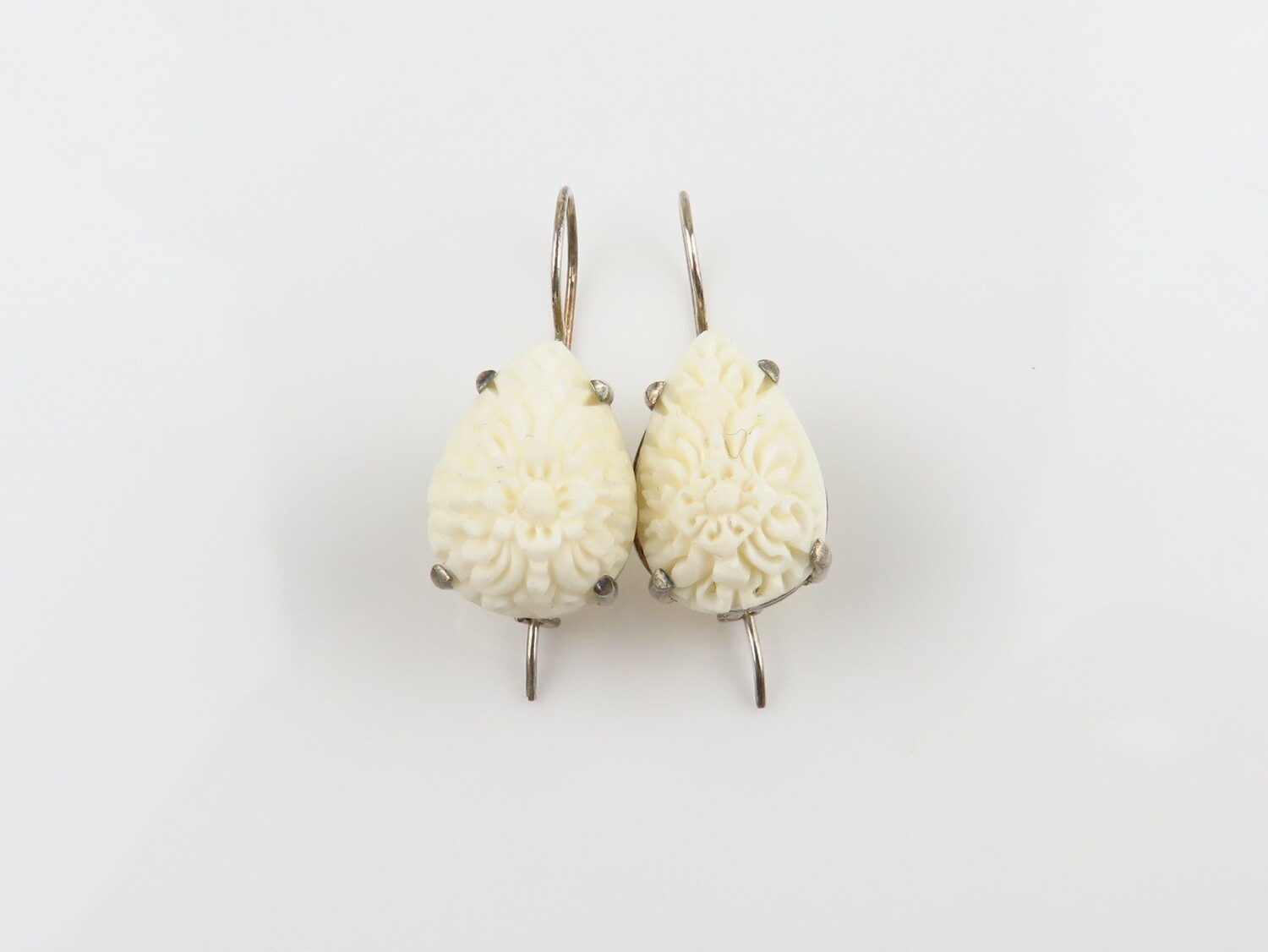 Sterling Silver, Carved Ox Bone, Flower Motif, Hook Earrings BE-104