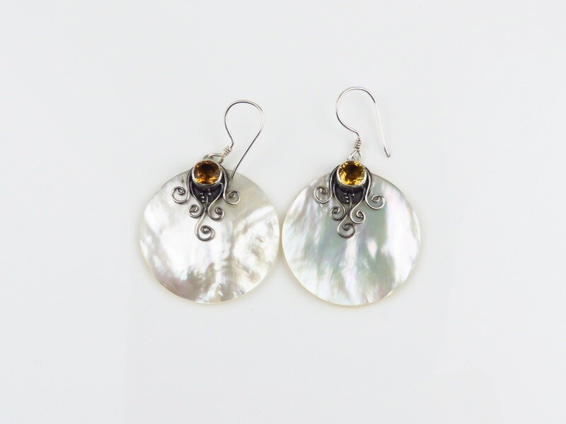 Sterling Silver, Citrine, White Shell, Dangle Earrings SSE-148