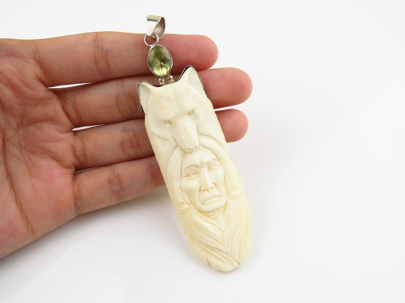 Sterling Silver, Citrine, Carved Bone, Wolf Pendant BP-147