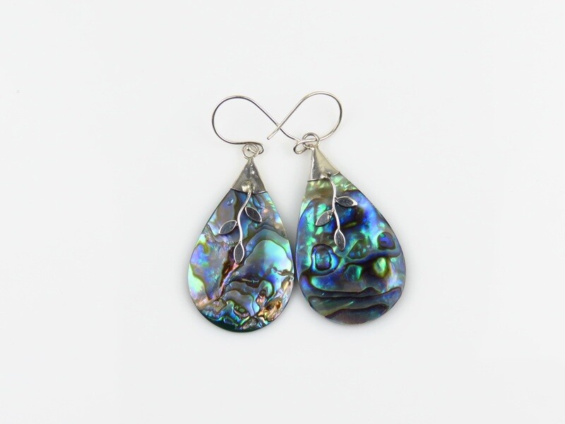 Sterling Silver, Leaf Design, Abalone Shell, Dangle Earrings SSE-151