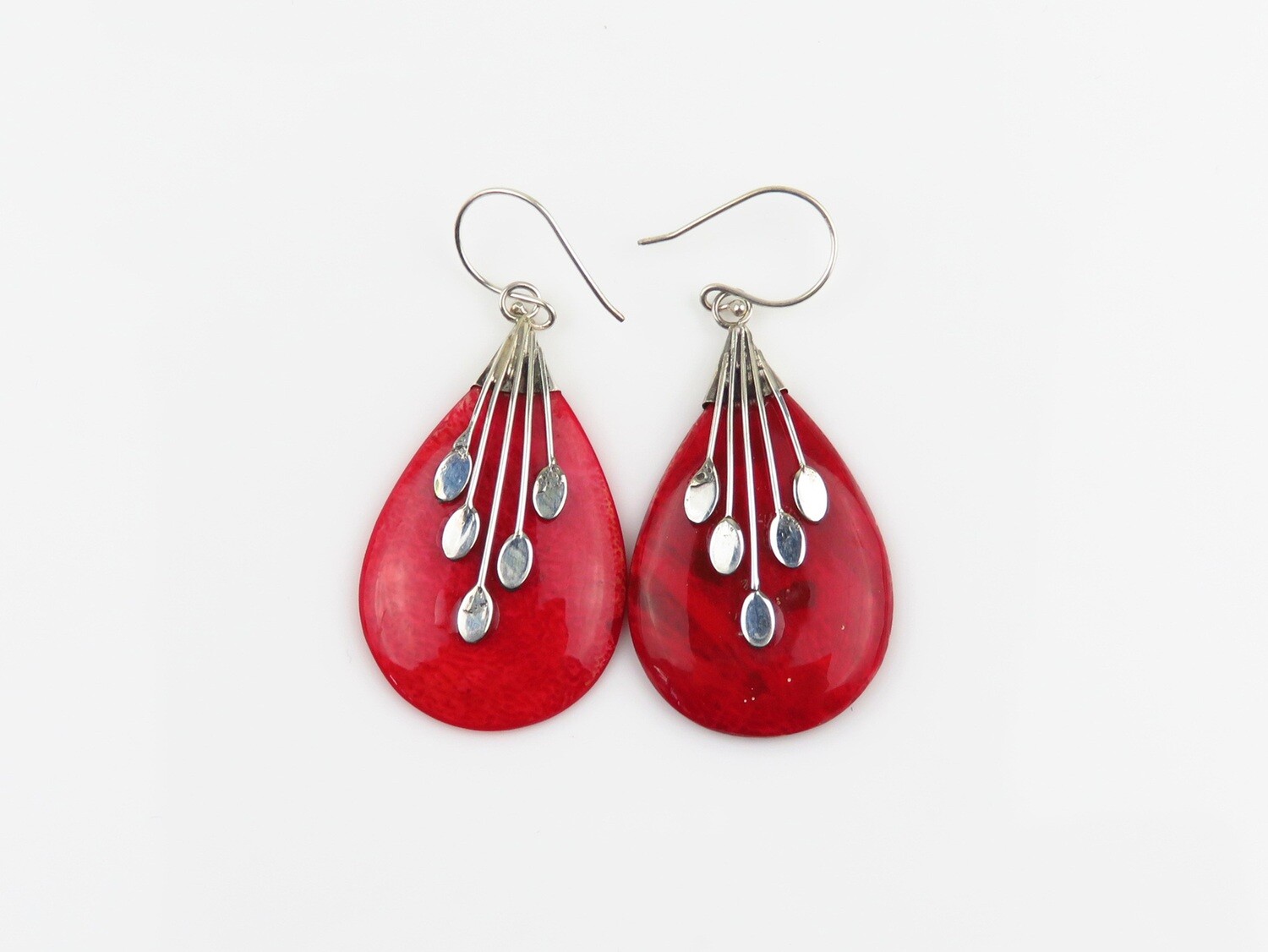 Sterling Silver, Red Coral, Dangle Earrings SSE-156