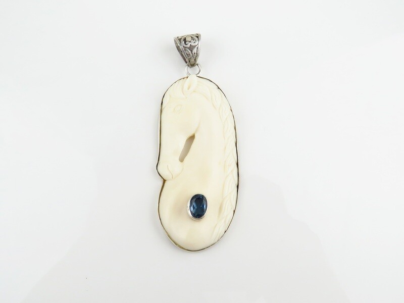 Sterling Silver, Blue Topaz, Carved Ox Bone, Horse Pendant BP-148