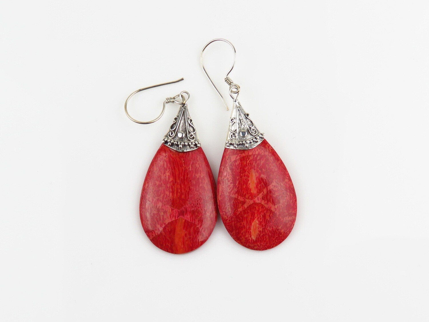 Sterling Silver, Red Coral, Dangle Earrings SSE-146