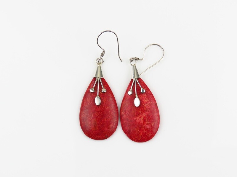 Sterling Silver, Red Coral, Dangle Earrings SSE-147