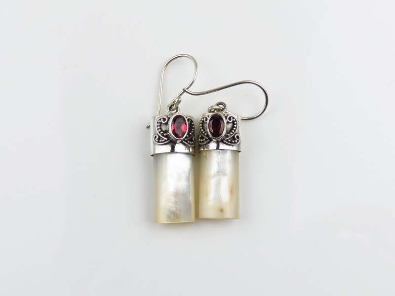 Sterling Silver, Garnet, White Shell, Dangle Earrings SSE-150