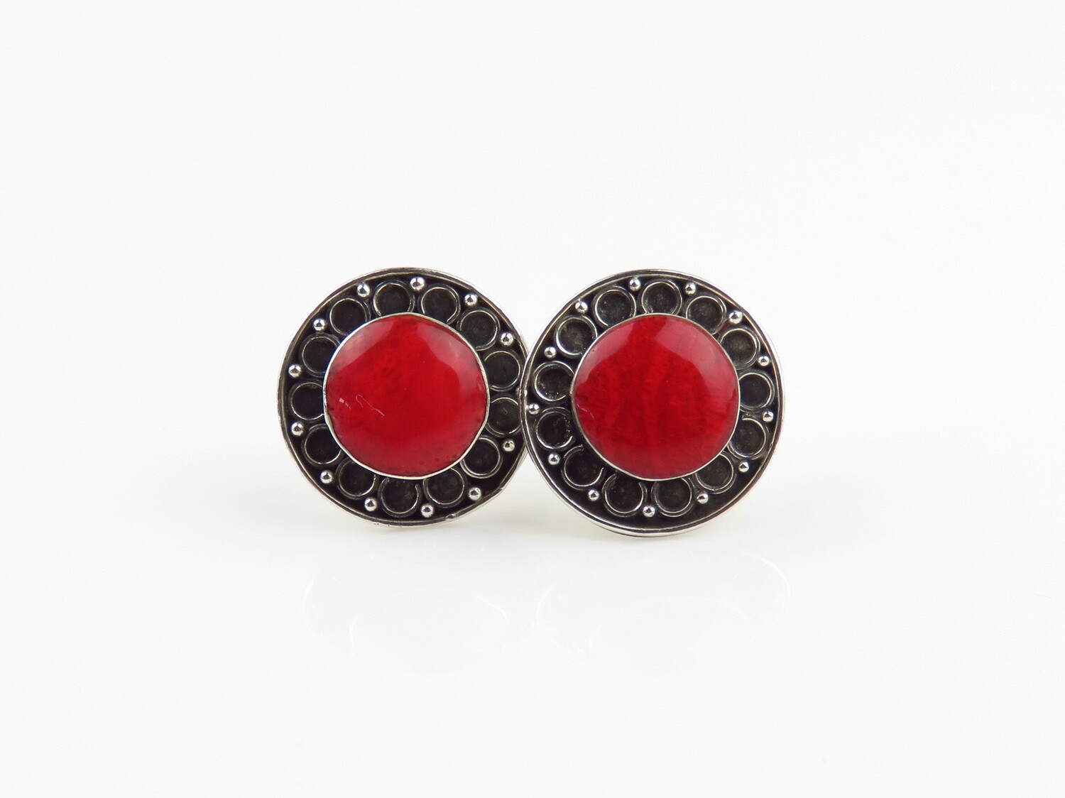 Sterling Silver, Red Coral, Stud Earrings SSE-154