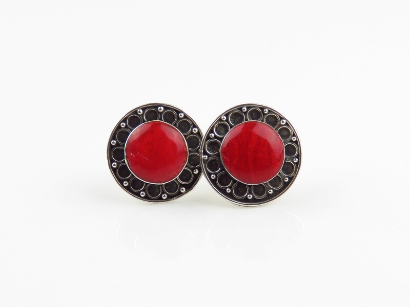 Sterling Silver, Red Coral, Stud Earrings SSE-154