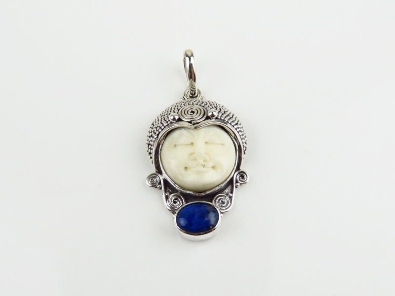 Sterling Silver, Carved Bone, Sodalite, Goddess Pendant GJ-188