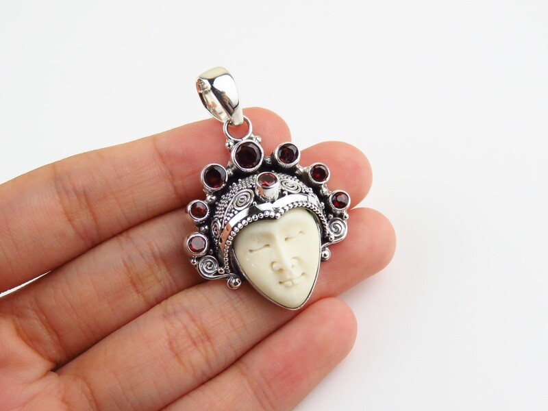 Sterling Silver, Carved Bone, Garnet Gemstone, Goddess Pendant GJ-191