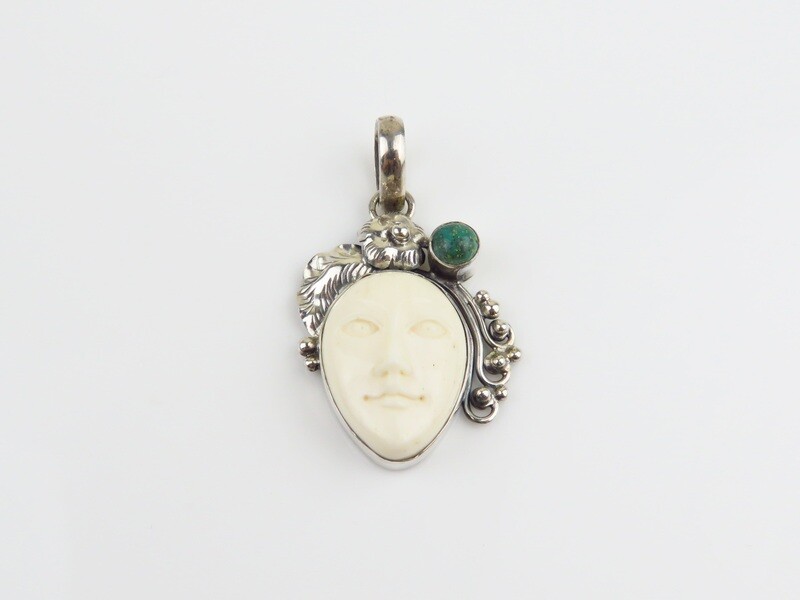 Sterling Silver, Carved Bone, Turquoise, Goddess Pendant GJ-192