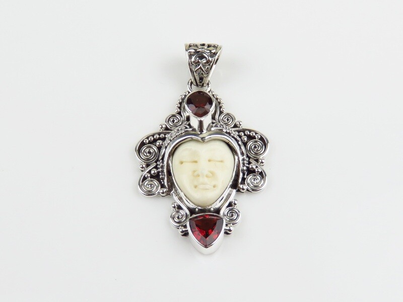 Sterling Silver, Carved Bone, Garnet , Goddess Pendant GJ-190