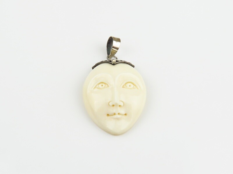 Sterling Silver, Carved Ox Bone, Face Pendant BP-156