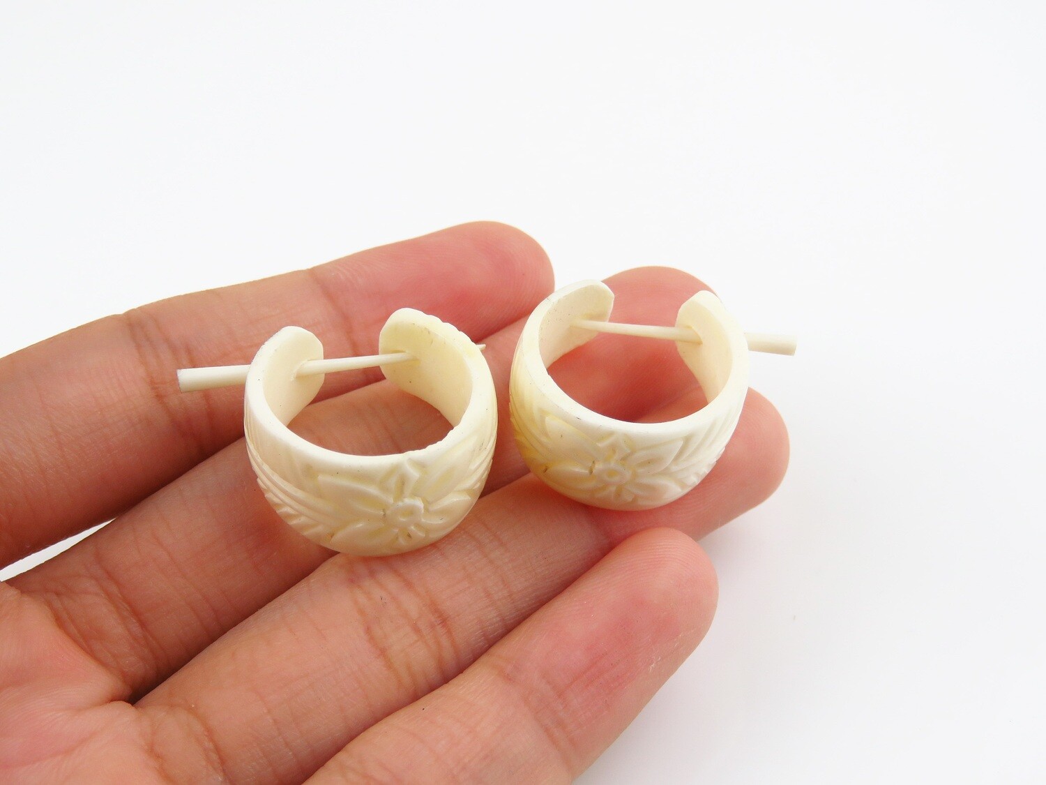 Carved Ox Bone, Flower Motif, Hoop Earrings BE-108