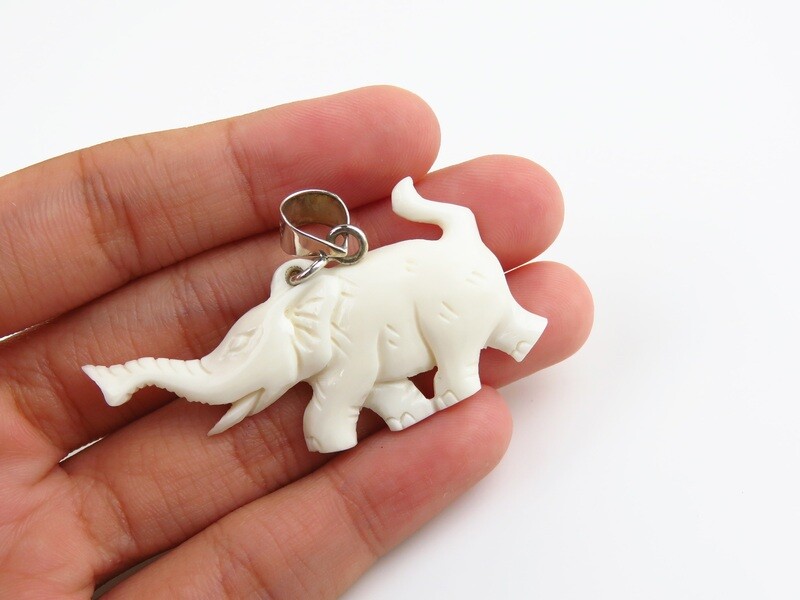 Sterling Silver, Carved Ox Bone, Elephant Design Pendant BP-155