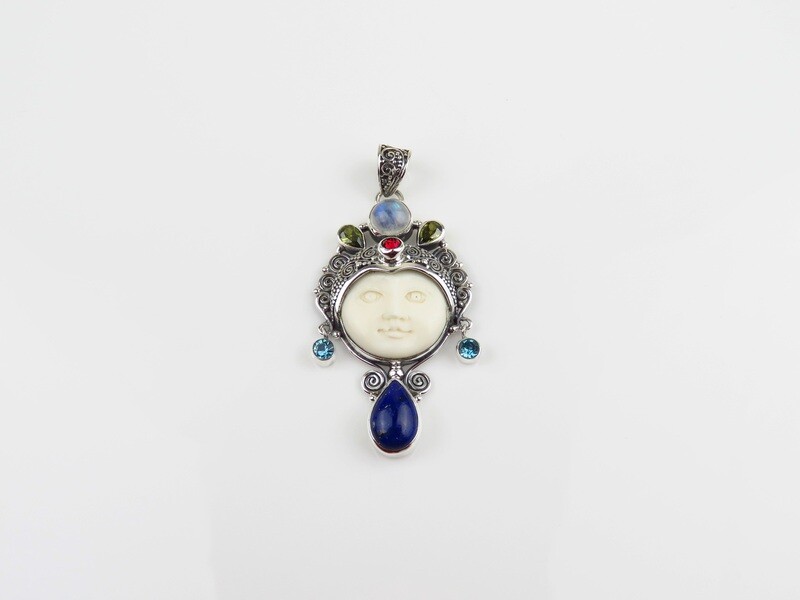 Sterling Silver, Mixed Gemstone, Carved Bone, Goddess Pendant GJ-195