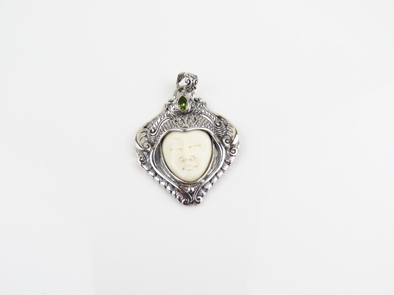 Sterling Silver, Peridot, Carved Bone, Goddess Pendant GJ-193