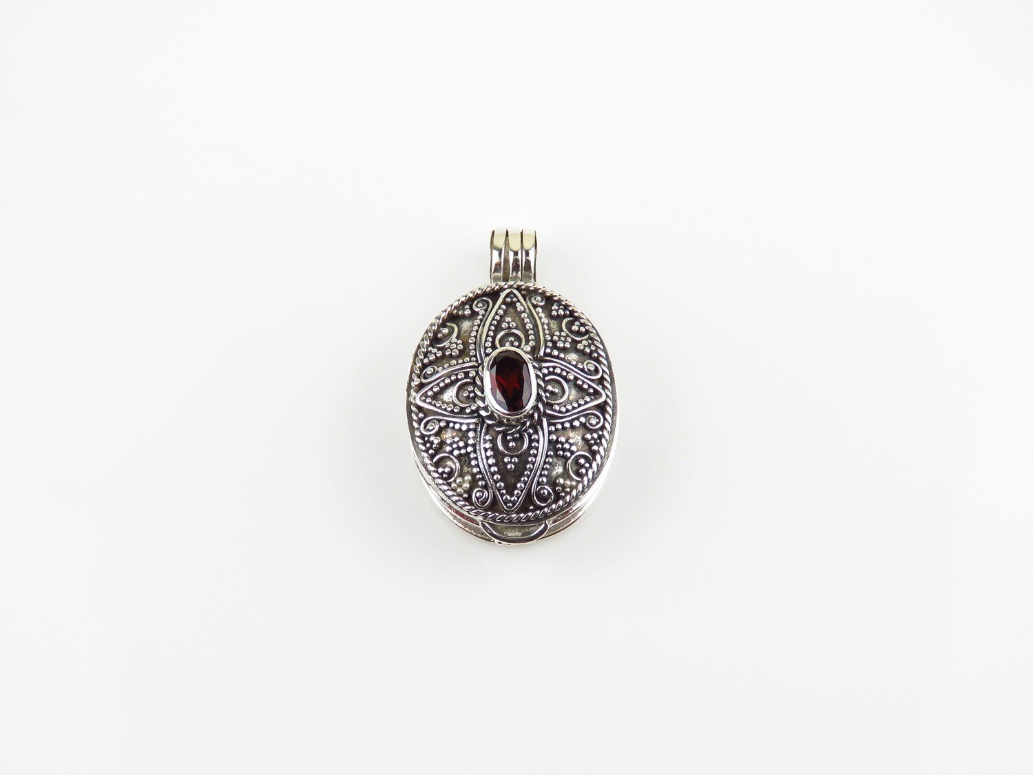 Sterling Silver, Garnet, Oval Locket Pendant LP-343