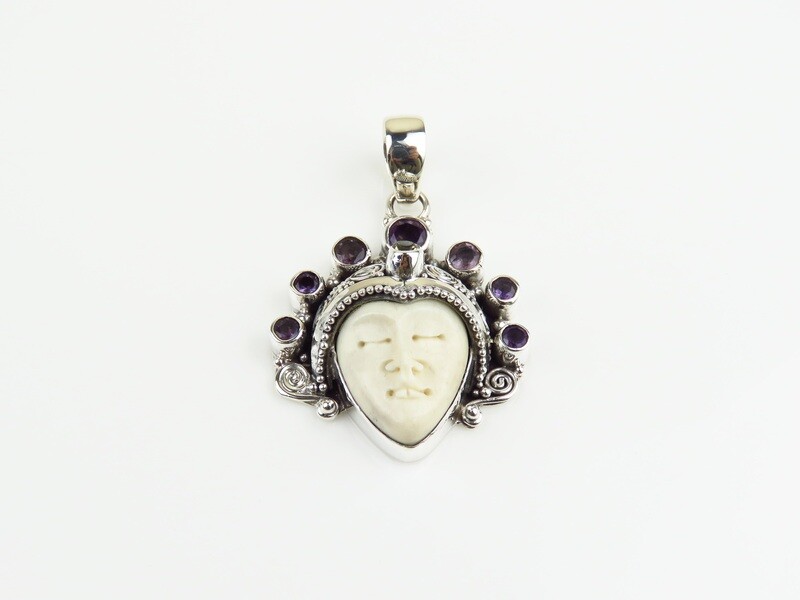 Sterling Silver, Mixed Gemstone, Carved Bone, Goddess Pendant GJ-200