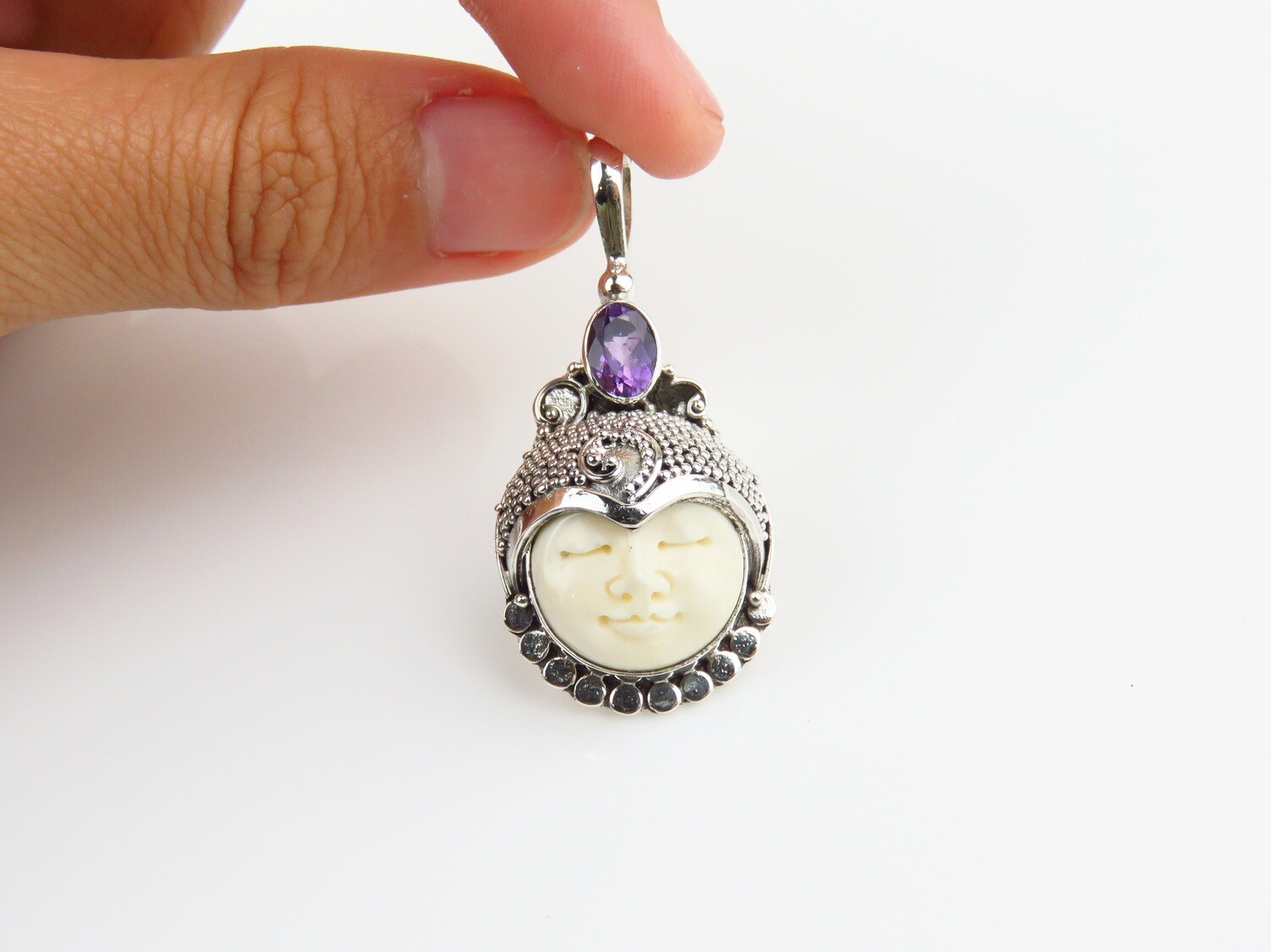 Sterling Silver, Carved Bone, Amethyst, Goddess Pendant GJ-201