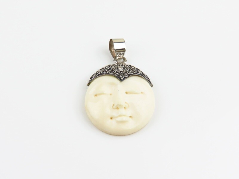 Sterling Silver, Carved Bone, Moonface Pendant BP-160