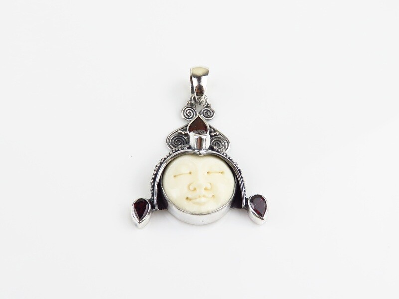Sterling Silver, Garnet, Carved Bone, Goddess Pendant GJ-204