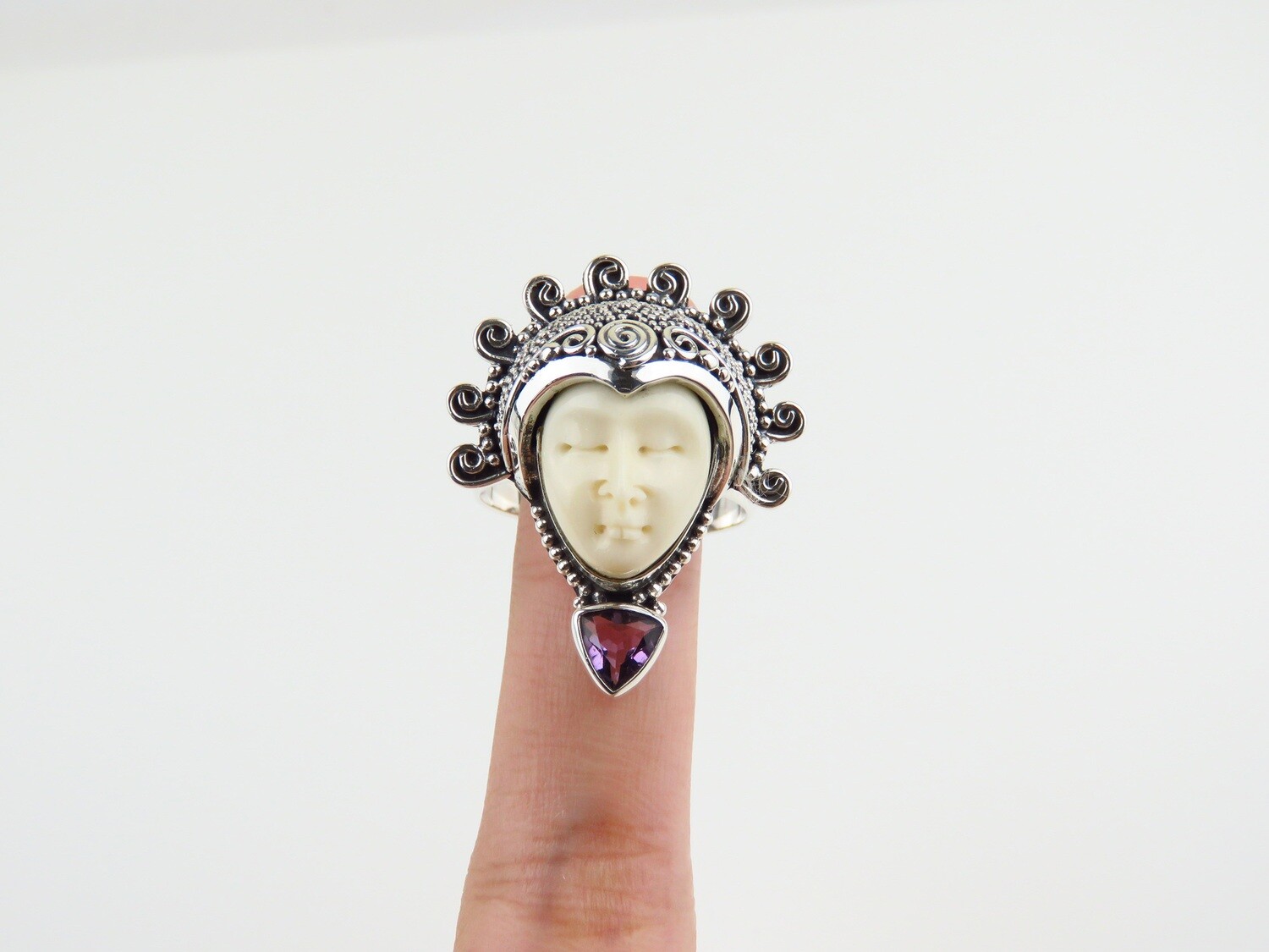 Sterling Silver, Carved Ox Bone, Amethyst Gemstone, Goddess Ring GJ-205