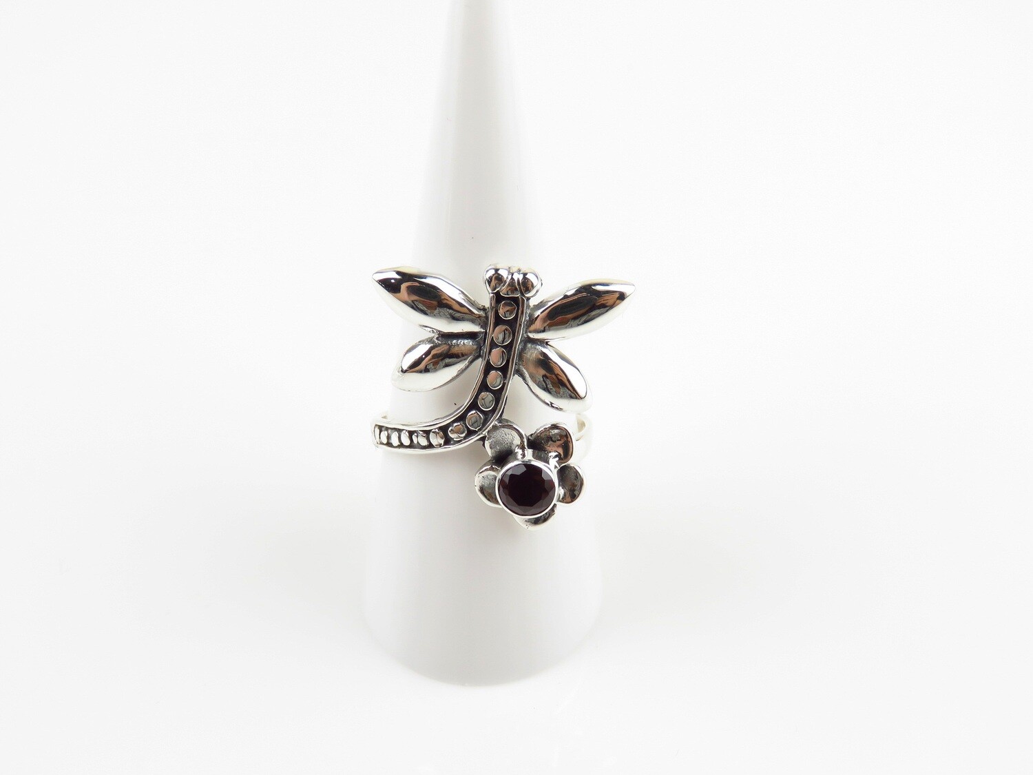 Sterling Silver, Garnet, Dragonfly Design, Gemstone Ring RI-1163