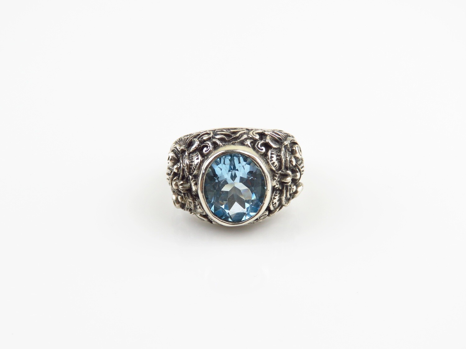 Sterling Silver, Blue Topaz, Bali Barong Design, Gemstone Ring RI-1170