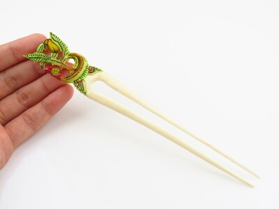 Hand Carved, Leaves and flower, Painted Hair Stick OA-118