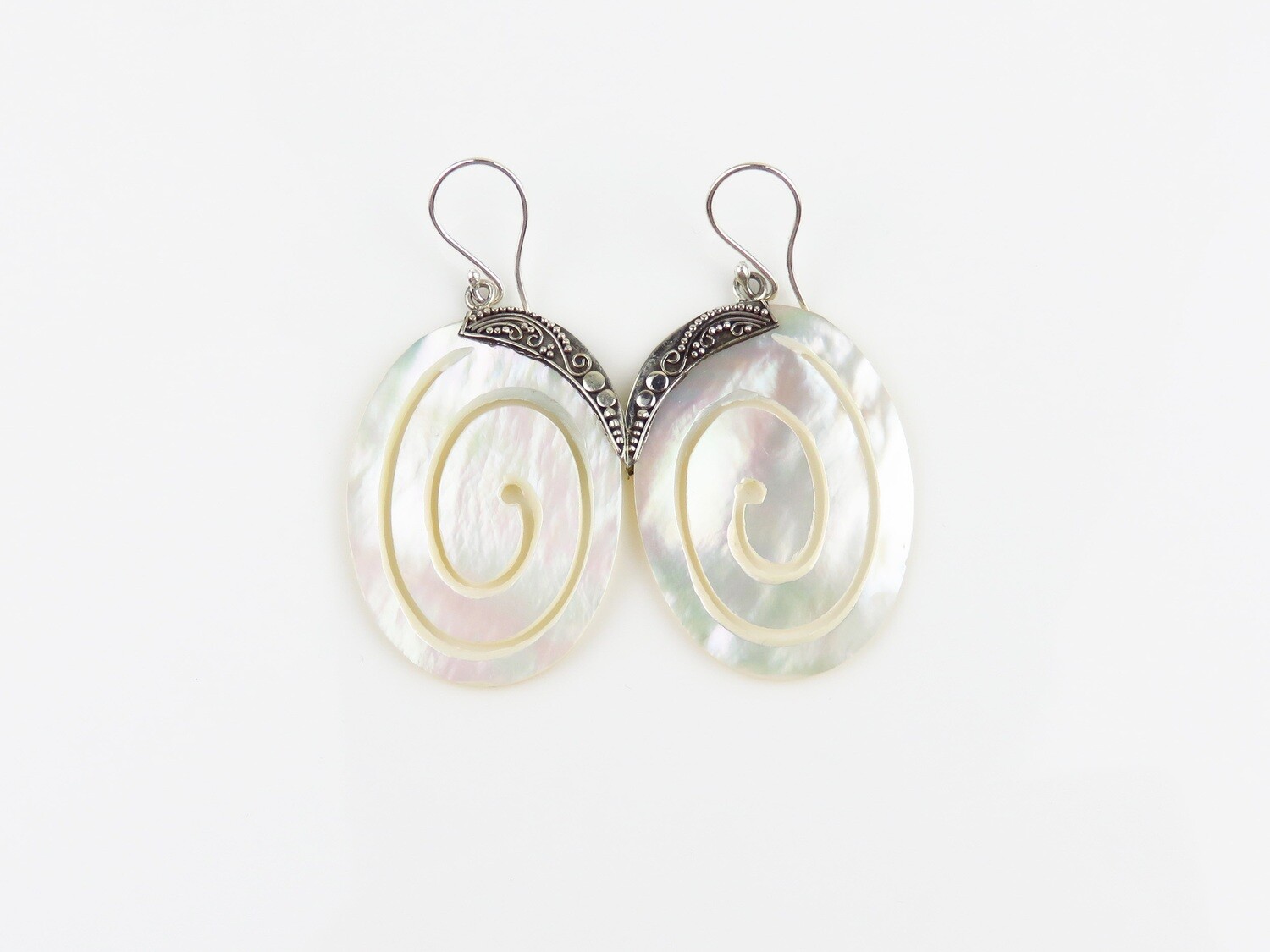 Sterling Silver, Spiral Design, White Shell, Dangle Earrings SSE-163