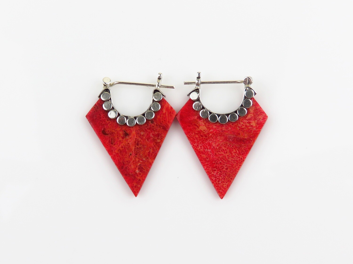 Sterling Silver, Red Coral, Hoop Earrings SSE-169