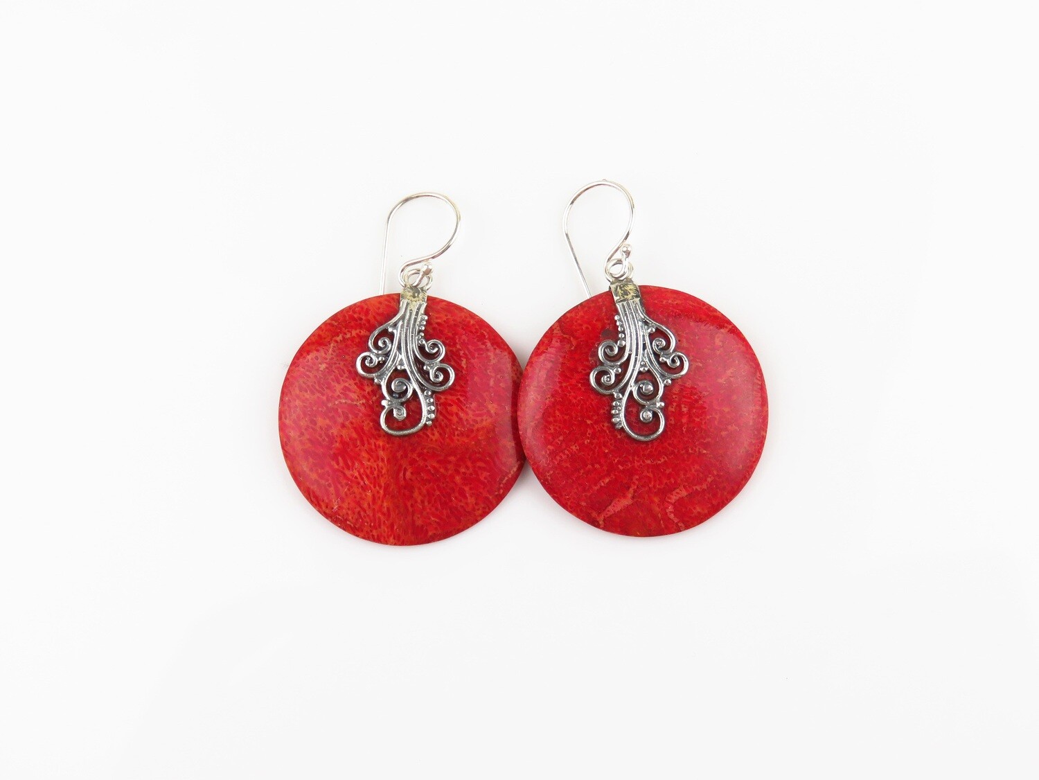 Sterling Silver, Red Coral, Dangle Earrings SSE-170