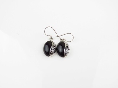 Sterling Silver, Black Onyx, Oval Shape, Dangle Earrings ER-1173
