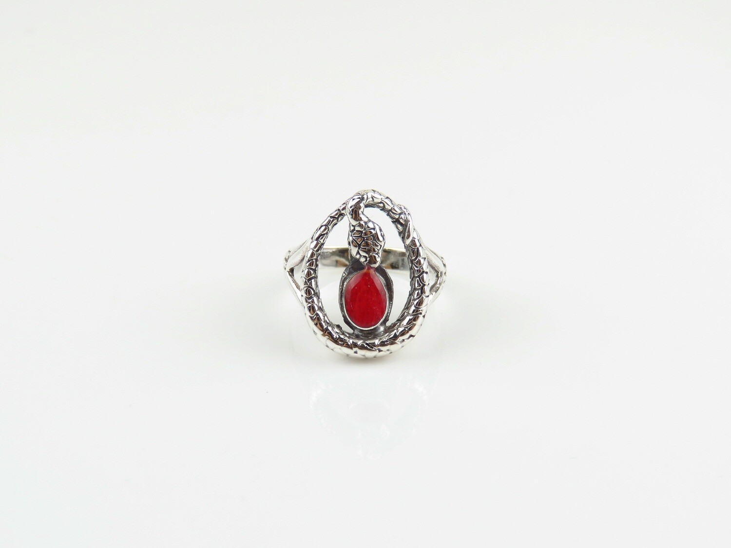 Sterling Silver, Red Coral, Snake Ring RI-1179