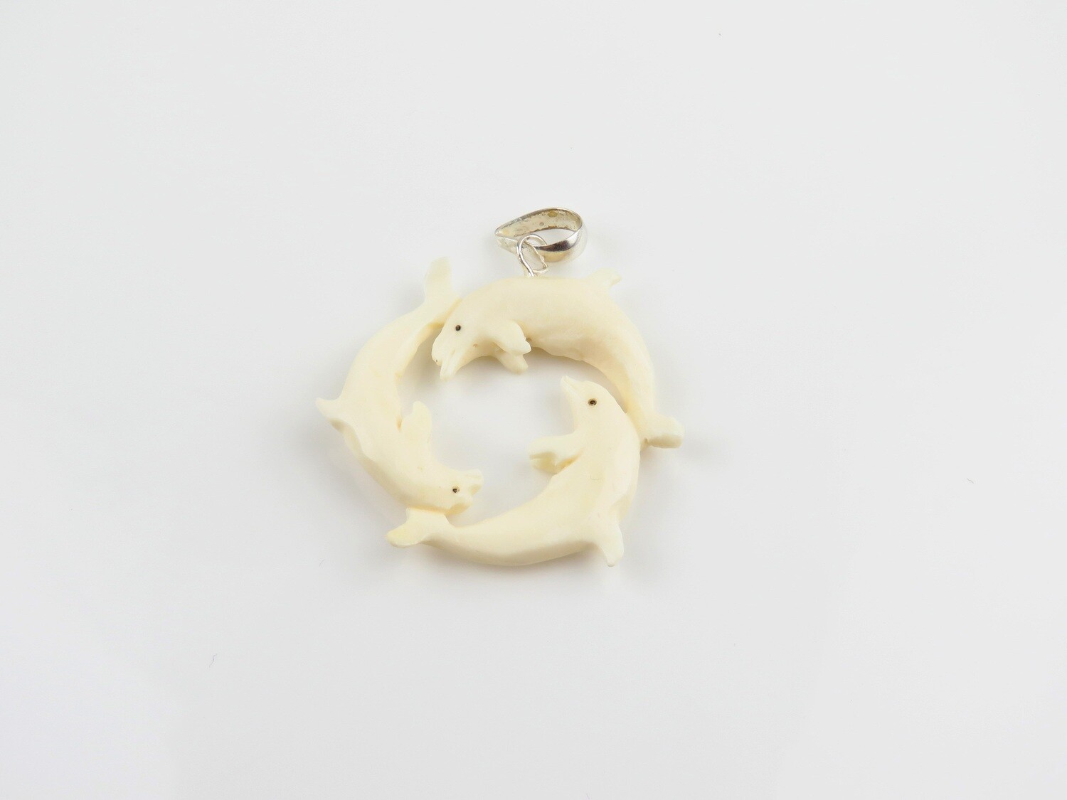 Sterling Silver, Carved Ox Bone, Dolphins Design Pendant BP-169