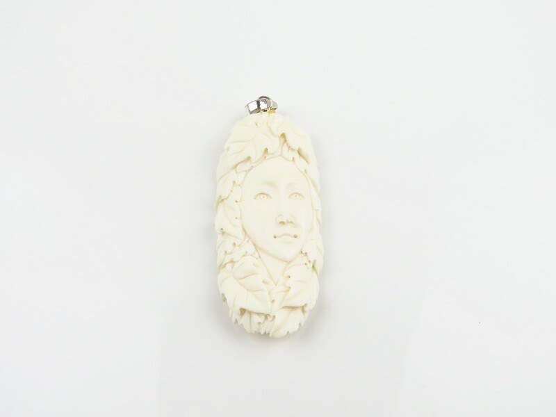 Sterling Silver, Carved Ox Bone, Leaves, Face Pendant BP-165