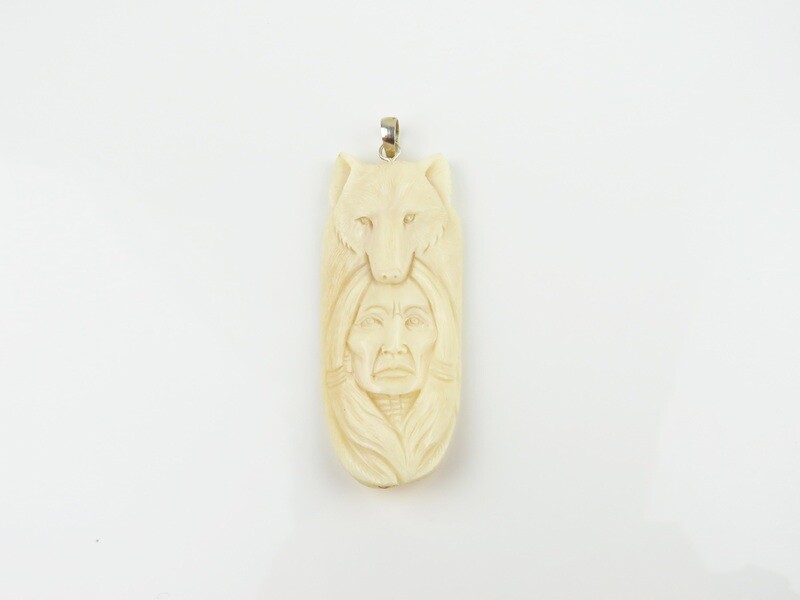 Sterling Silver, Carved Bone, Wolf Pendant BP-162