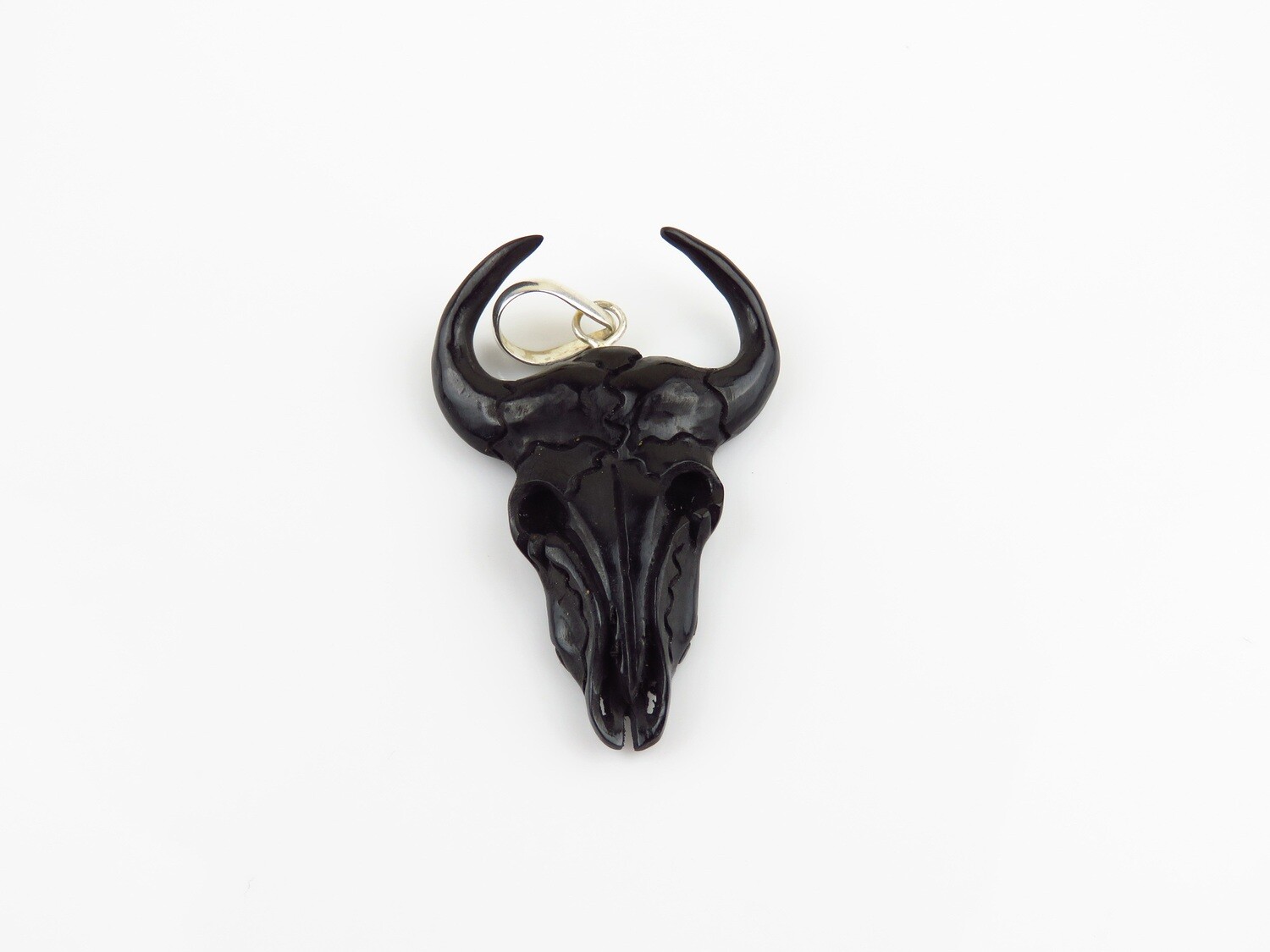 Sterling Silver, Carved Ox Horn, Bull Head Pendant BP-170