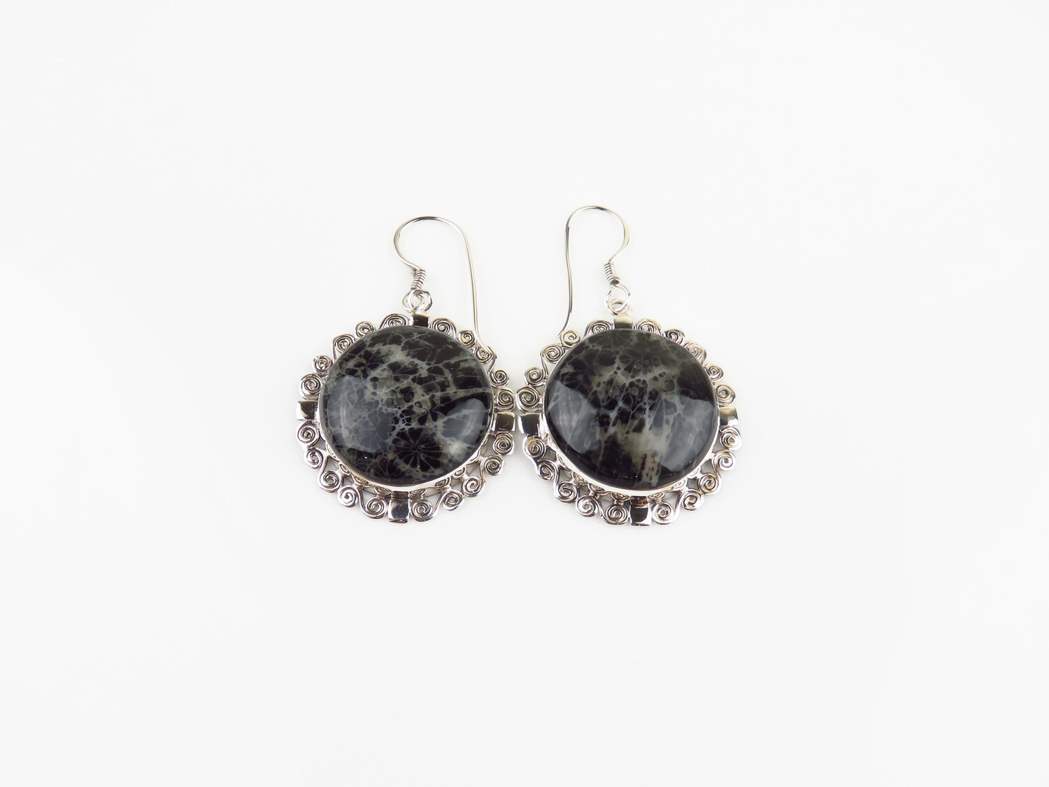 Sterling Silver, Round, Black Fossil Coral, Dangle Earrings SSE-177